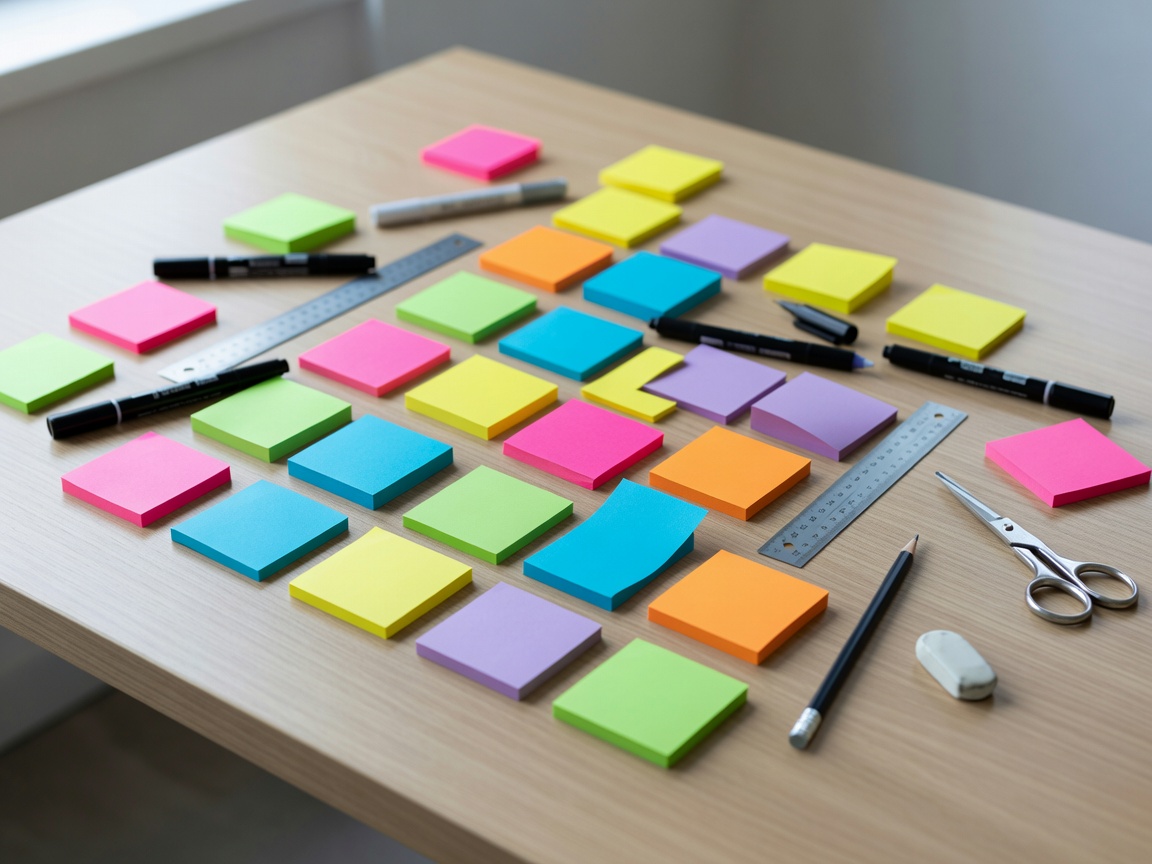 Värikkäitä post-it -lappuja ja suunnitteluvälineitä pöydällä